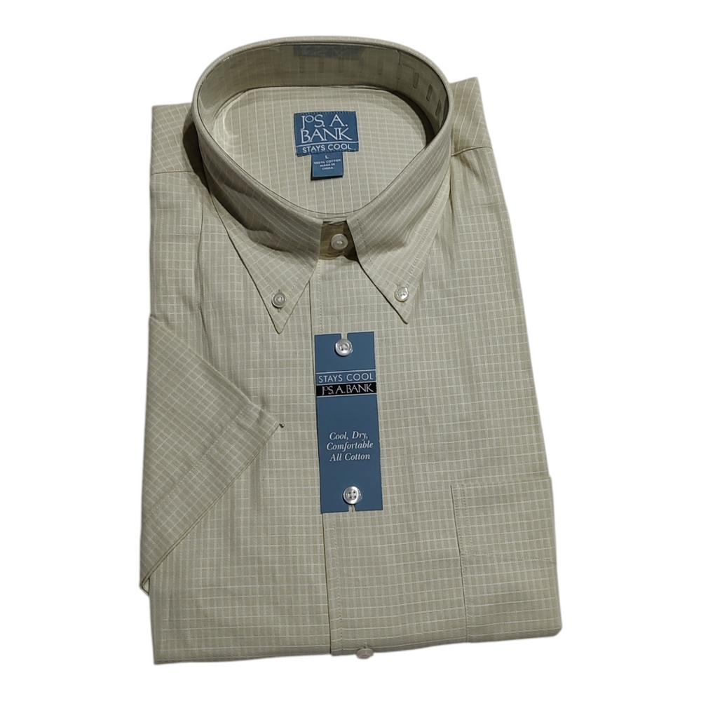 Jos. A. Bank Stays Cool Sage Check Short Sleeve Button Front Shirt Large NWT